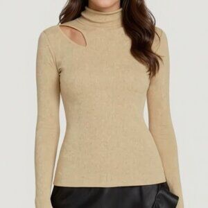 Rachel Roy Cut Out Sweater Fitted Ribbed Gold Metallic XS NWT